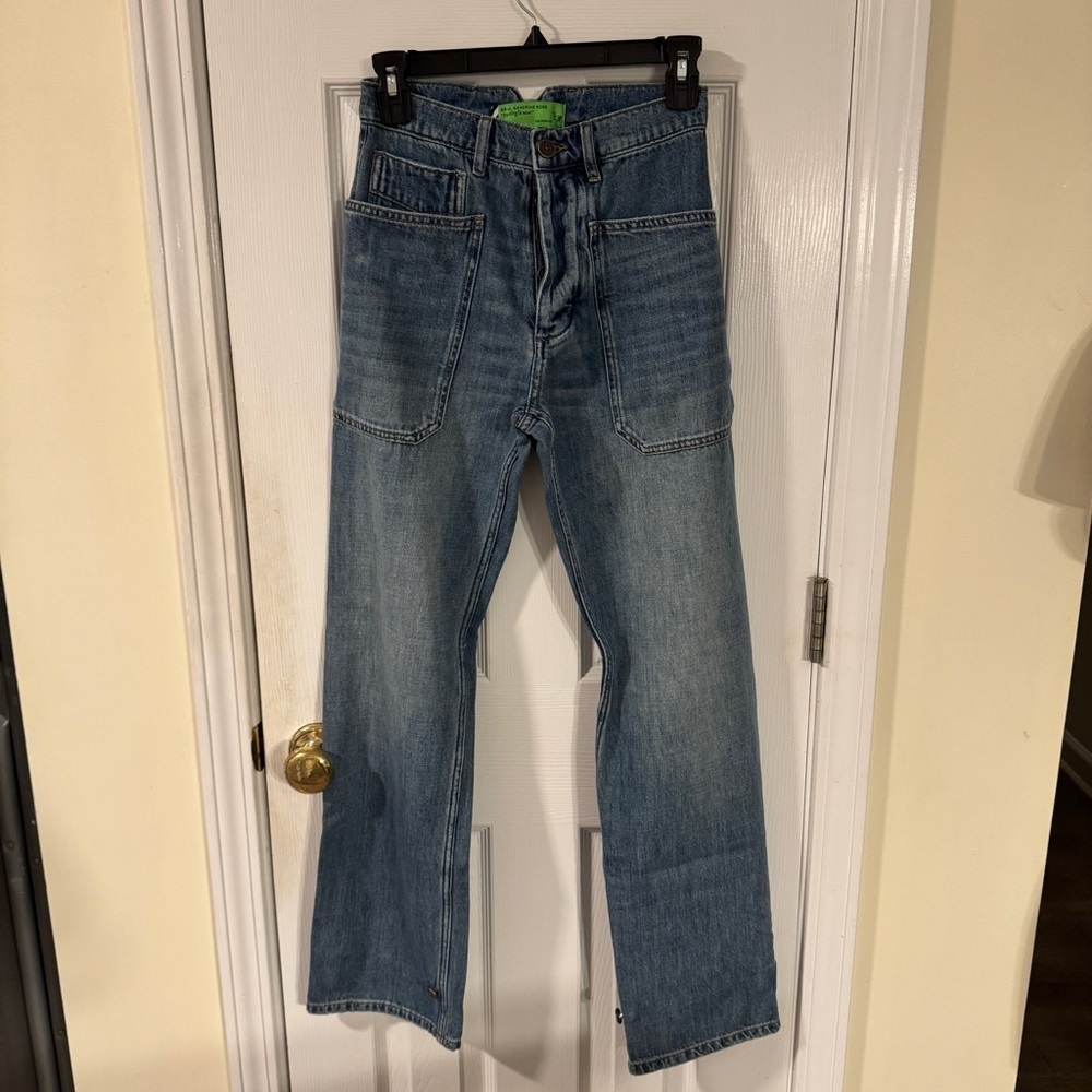 Free People X Sandrine Rose Wide Leg Button Fly Distressed Denim Jeans 25